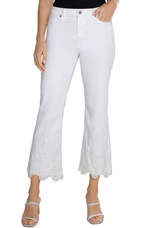 Liverpool Hannah Crop Flare with Lace Hem in White. Mid rise jean with button and zipper closure.  Slim to knee with kick flare hem.  5 pocket jean styling.  Lace applique trim around hem.  25 1/2" inseam._35054236696776