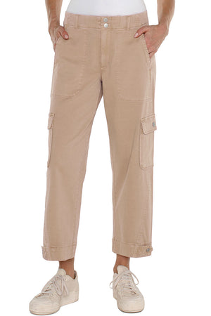 Liverpool Utility Cargo Crop in Biscuit Tan.  Mid-rise pant with 2 button closure.  2 front utility stitched pockets, 2 side button flap cargo pockets and 2 rear patch pockets.  Button tab at hem.  26" inseam._35048636514504