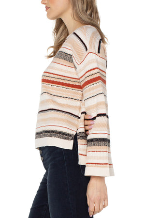 Liverpool Texture Stripe Sweater in shades of camel, rust and black on a cream colored background. Boat neck long sleeve sweater with drop shoulder and textured stitching. Relaxed fit._34400361775304