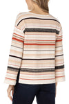 Liverpool Texture Stripe Sweater in shades of camel, rust and black on a cream colored background. Boat neck long sleeve sweater with drop shoulder and textured stitching. Relaxed fit._t_34400361742536