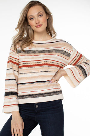 Liverpool Texture Stripe Sweater in shades of camel, rust and black on a cream colored background. Boat neck long sleeve sweater with drop shoulder and textured stitching. Relaxed fit._34400361840840