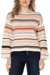 Liverpool Texture Stripe Sweater in shades of camel, rust and black on a cream colored background.  Boat neck long sleeve sweater with drop shoulder and textured stitching.  Relaxed fit._t_34400361808072
