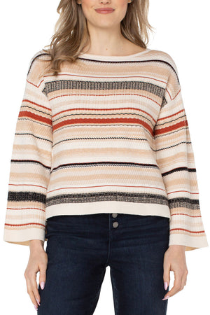 Liverpool Texture Stripe Sweater in shades of camel, rust and black on a cream colored background.  Boat neck long sleeve sweater with drop shoulder and textured stitching.  Relaxed fit._34400361808072