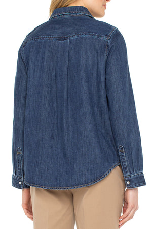 Liverpool Denim Snap Front Shirt in Denim.  Pointed collar snap front with faux pearl buttons.  2 front flap pockets.  Long sleeve with snap cuff.  Back yoke.  Relaxed fit._61497807274350