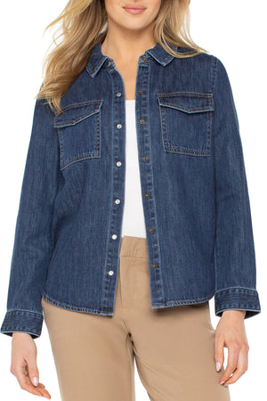 Liverpool Denim Snap Front Shirt in Denim.  Pointed collar snap front with faux pearl buttons.  2 front flap pockets.  Long sleeve with snap cuff.  Back yoke.  Relaxed fit._61497807208814