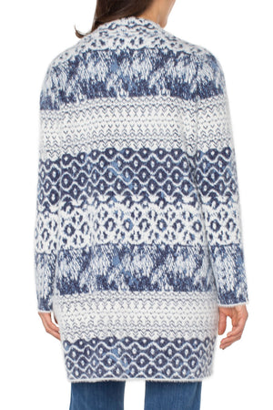 Liverpool Open Front Shibori Coatigan in Blue Multi.  Shibori print open cardigan with notched lapel.  Long sleeves. Inseam pockets._61497041060206