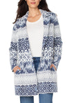 Liverpool Open Front Shibori Coatigan in Blue Multi.  Shibori print open cardigan with notched lapel.  Long sleeves. Inseam pockets._t_61497041092974