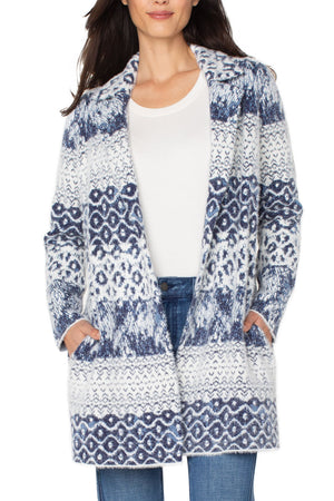 Liverpool Open Front Shibori Coatigan in Blue Multi.  Shibori print open cardigan with notched lapel.  Long sleeves. Inseam pockets._61497041092974