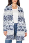 Liverpool Open Front Shibori Coatigan in Blue Multi.  Shibori print open cardigan with notched lapel.  Long sleeves. Inseam pockets._t_61497041027438