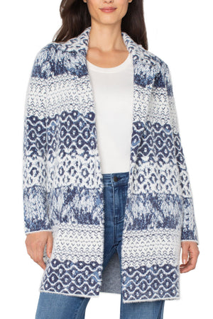 Liverpool Open Front Shibori Coatigan in Blue Multi.  Shibori print open cardigan with notched lapel.  Long sleeves. Inseam pockets._61497041027438