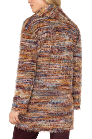 Liverpool Open Front Cardigan Sweater in Multi Feather.  Rust, blue and cream textured feather knit.  Cardigan/coat hybrid with shawl collar, open front and long sleeves.  Relaxed fit._61497773392238