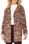 Liverpool Open Front Cardigan Sweater in Multi Feather.  Rust, blue and cream textured feather knit.  Cardigan/coat hybrid with shawl collar, open front and long sleeves.  Relaxed fit._t_61497773359470