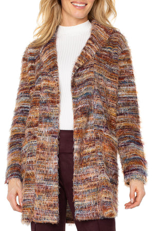 Liverpool Open Front Cardigan Sweater in Multi Feather.  Rust, blue and cream textured feather knit.  Cardigan/coat hybrid with shawl collar, open front and long sleeves.  Relaxed fit._61497773359470