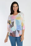 Atelier 5 Rose Boxy Top in Pastel Abstract. Multi pastel color abstract print. Crew neck, dolman sleeve drop shoulder, curved hem, oversized fit_t_34250588979400