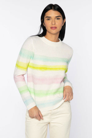 Kinross Cashmere Painted Stripe Crew in Ivory.  Rib knit throughout with ombre screen printed pastel stripes.  Crew neck with long sleeves.  100% cashmere knit.  Classic fit_34688671744200