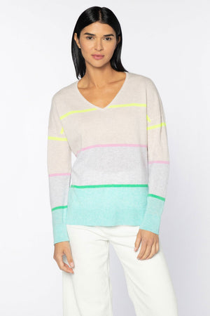 Kinross Cashmere Striped Easy V Sweater in Multi.  Soft heathered color block stripes with thin bright colored stripes.  Rib trim at neck hem and cuff.  Side slits.  Relaxed fit._34688616104136