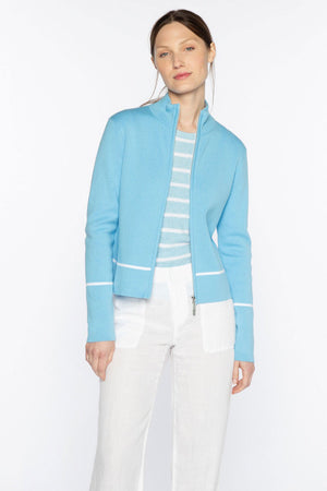 Kinross Fitted Zip Mock Cardigan in Mirage blue.  Zip front mock neck cardigan with long sleeves.  Single narrow white stripe above hem and cuff.  Classic fit._34688781451464