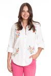 APNY Floral Embroidered Blouse.  Multi colored embroidered floral on a white background.  Long sleeves with button cuff and roll button tab.  Jacquard chevron pattern detail on front.  Plain back.  Hot pink edging on button holes.  Shirt tail hem with raw edge.  Relaxed fit._t_34247781875912