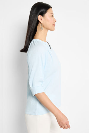 NIC+ZOE Crinkle Knit Cafe Top in Pale Sky.  Banded crew neck with split v.  Elbow length sleeve with cuff.  Relaxed fit._60267286397294