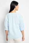 NIC+ZOE Crinkle Knit Cafe Top in Pale Sky.  Banded crew neck with split v.  Elbow length sleeve with cuff.  Relaxed fit._t_60267286364526
