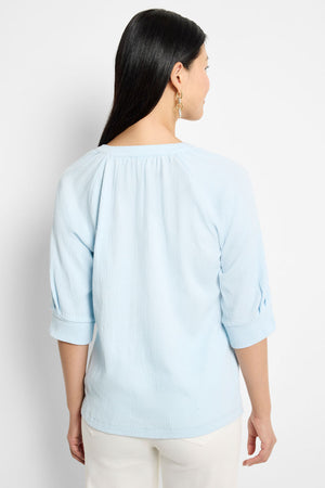 NIC+ZOE Crinkle Knit Cafe Top in Pale Sky.  Banded crew neck with split v.  Elbow length sleeve with cuff.  Relaxed fit._60267286364526