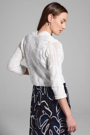 NIC+ZOE Subtle Sequin Cardi in Classic Cream.   Open front knit with scattered small sequins, open weave and stitched motifs.  3/4 sleeve.  Notched v at back neck.  Longer in front than back.  Classic fit._60267266670958