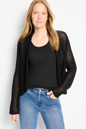 NIC+ZOE Cocoon Cardigan in Black Onyx.  Open mesh knit with shawl collar and crochet edges.  Long sleeves with dropped shoulder.  Slightly curved hem.  Classic fit._60977319674222