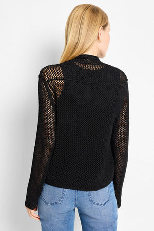 NIC+ZOE Cocoon Cardigan in Black Onyx.  Open mesh knit with shawl collar and crochet edges.  Long sleeves with dropped shoulder.  Slightly curved hem.  Classic fit._60977319608686