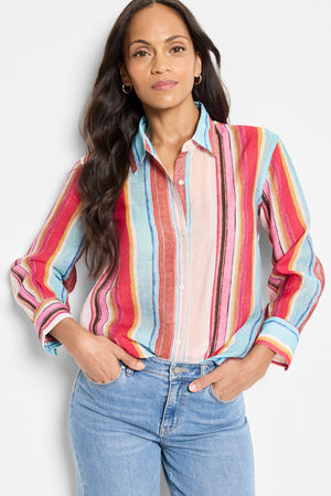 NIC+ZOE Horizon Breeze Shirt in Pink Multi.  Mixed vertical striping.  Pointed collar button down shirt with button cuff.  Shirt tail  hem.  Back yoke with pleating below.  Relaxed fit._60267234066798