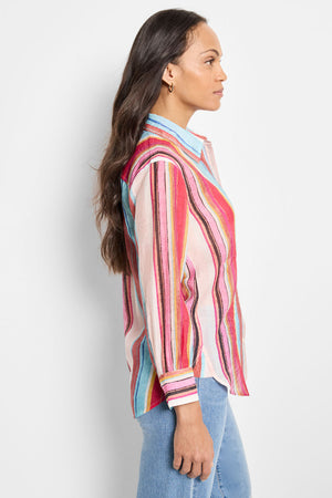 NIC+ZOE Horizon Breeze Shirt in Pink Multi.  Mixed vertical striping.  Pointed collar button down shirt with button cuff.  Shirt tail  hem.  Back yoke with pleating below.  Relaxed fit._60267234099566