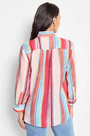 NIC+ZOE Horizon Breeze Shirt in Pink Multi.  Mixed vertical striping.  Pointed collar button down shirt with button cuff.  Shirt tail  hem.  Back yoke with pleating below.  Relaxed fit._60267234132334