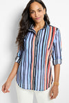 NIC+ZOE Painted Peninsula Shirt in Multi.  Vertical striped button down shirt with convertible collar and cuffs.  Long sleeves.  Contrast color stripe blocks.  French cuffs and button roll tab.  Shirt tail hem.  Relaxed fit._t_60862890967406