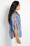 NIC+ZOE Painted Peninsula Shirt in Multi.  Vertical striped button down shirt with convertible collar and cuffs.  Long sleeves.  Contrast color stripe blocks.  French cuffs and button roll tab.  Shirt tail hem.  Relaxed fit._t_60862891000174