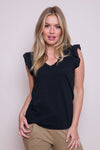 Suzy D Mina Frill Sleeve Tee in Black.  V neck relaxed cotton tee with ruffle cap sleeves.  Slightly curved hem.  _t_34224740860104