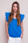 Suzy D Mina Frill Sleeve Tee in Electric Blue. V neck relaxed cotton tee with ruffle cap sleeves. Slightly curved hem._t_34224740761800