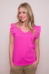 Suzy D Mina Frill Sleeve Tee in Fuschia. V neck relaxed cotton tee with ruffle cap sleeves. Slightly curved hem._t_34224740827336