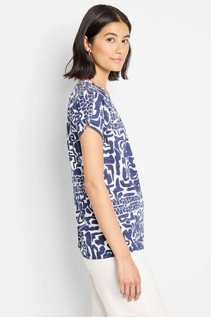 NIC+ZOE Floret Blues Tee in Indigo Multi.  Geometric & floral grid print in shades of indigo on white.  Crew neck, dolman short sleeve tee.  Straight hem.  Classic fit. _60669953900910