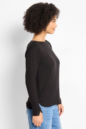 NIC+ZOE Everyday Easy Cozy Top in Black.  Crew neck long sleeve knit with split cuff and drop shoulder.  Button closure at back neck.  Heathered knit.  Relaxed fit._61465318162798