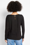 NIC+ZOE Everyday Easy Cozy Top in Black.  Crew neck long sleeve knit with split cuff and drop shoulder.  Button closure at back neck.  Heathered knit.  Relaxed fit._t_61465318195566