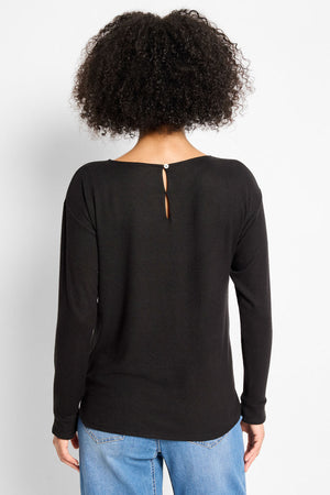 NIC+ZOE Everyday Easy Cozy Top in Black.  Crew neck long sleeve knit with split cuff and drop shoulder.  Button closure at back neck.  Heathered knit.  Relaxed fit._61465318195566