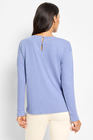 NIC+ZOE Everyday Easy Cozy Top in Blue Slate.  Crew neck long sleeve knit with split cuff and drop shoulder.  Button closure at back neck.  Heathered knit.  Relaxed fit._61465321242990