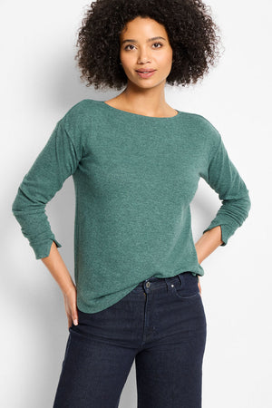 NIC+ZOE Everyday Easy Cozy Top in Dark Pine.  Crew neck long sleeve knit with split cuff and drop shoulder.  Button closure at back neck.  Heathered knit.  Relaxed fit._61465318293870