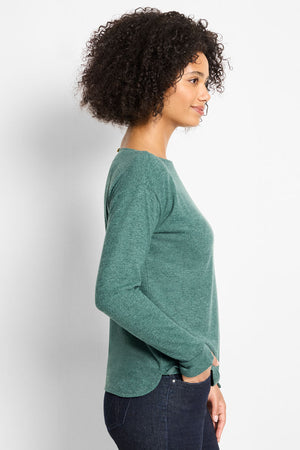 NIC+ZOE Everyday Easy Cozy Top in Dark Pine.  Crew neck long sleeve knit with split cuff and drop shoulder.  Button closure at back neck.  Heathered knit.  Relaxed fit._61465318326638