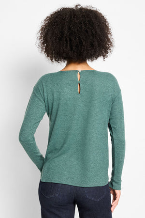 NIC+ZOE Everyday Easy Cozy Top in Dark Pine.  Crew neck long sleeve knit with split cuff and drop shoulder.  Button closure at back neck.  Heathered knit.  Relaxed fit._61465318359406