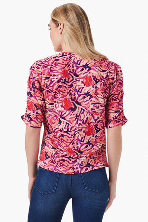 NIC+ZOE Blur Floral Ruched Top in Pink Multi. Blurred abstract floral. Slub cotton Crew neck with split v front. Elbow length sleeve with ruched detail down center of sleeve. Classic fit._35085311869128