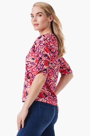 NIC+ZOE Blur Floral Ruched Top in Pink Multi. Blurred abstract floral. Slub cotton Crew neck with split v front. Elbow length sleeve with ruched detail down center of sleeve. Classic fit._35085311901896