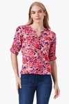 NIC+ZOE Blur Floral Ruched Top in Pink Multi.  Blurred abstract floral.  Slub cotton Crew neck with split v front.  Elbow length sleeve with ruched detail down center of sleeve.  Classic fit._t_35085311934664