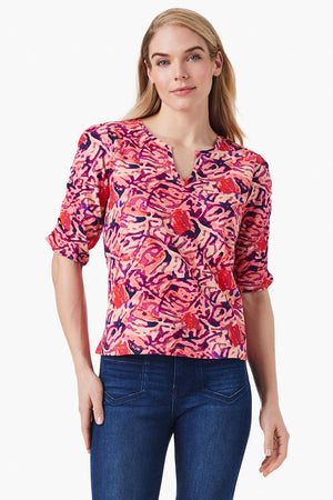 NIC+ZOE Blur Floral Ruched Top in Pink Multi.  Blurred abstract floral.  Slub cotton Crew neck with split v front.  Elbow length sleeve with ruched detail down center of sleeve.  Classic fit._35085311934664