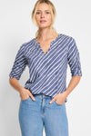 NIC+ZOE Mixed Stripe Ruch Sleeve Tee in Navy Multi.  Diagonal navy broken stripes on a light background.  Banded split v neck top with elbow length sleeve.  Ruch detail down center sleeve.  Straight hem.  Relaxed fit._t_60125816553838