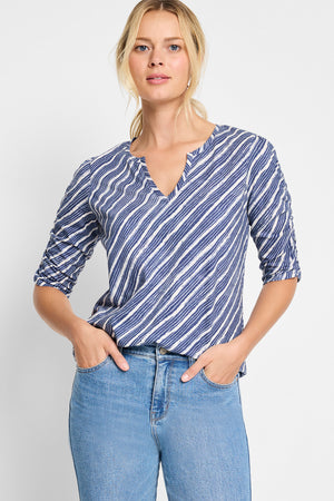 NIC+ZOE Mixed Stripe Ruch Sleeve Tee in Navy Multi.  Diagonal navy broken stripes on a light background.  Banded split v neck top with elbow length sleeve.  Ruch detail down center sleeve.  Straight hem.  Relaxed fit._60125816553838